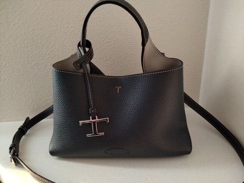 Tods T Logo Tote Bag Leather Navy Blue Handbag Shoulder Strap