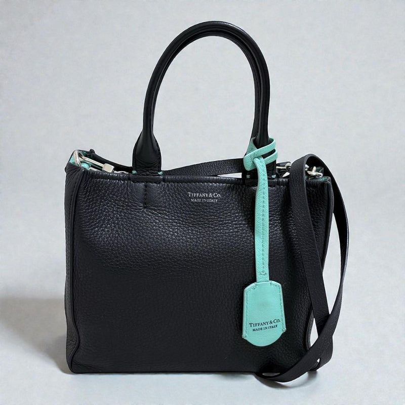 Tiffany Co. Micro Tote Bag 2-Way Crossbody Leather Black Tiffany Blue