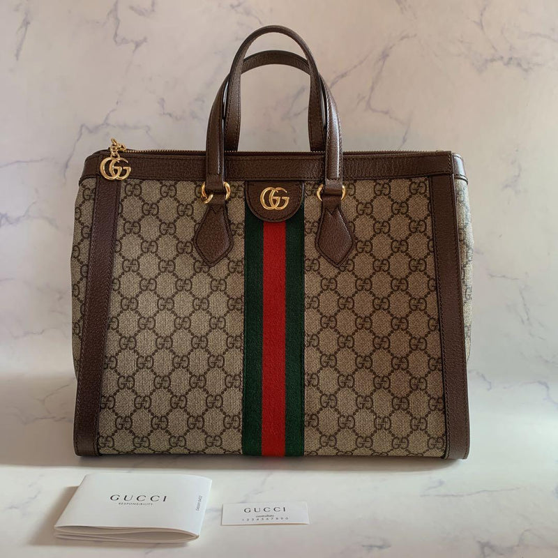 Gucci Ophidia Gg Medium Tote Bag Canvas Leather Pvc Beige Brown Gold Hardware
