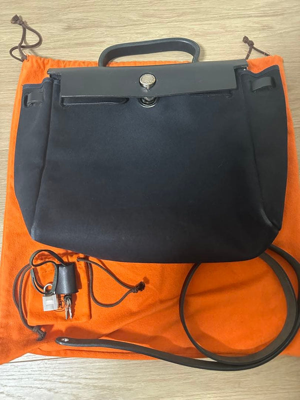 Hermes Herbag 2-Way Handbag Shoulder Bag Black Beige Leather