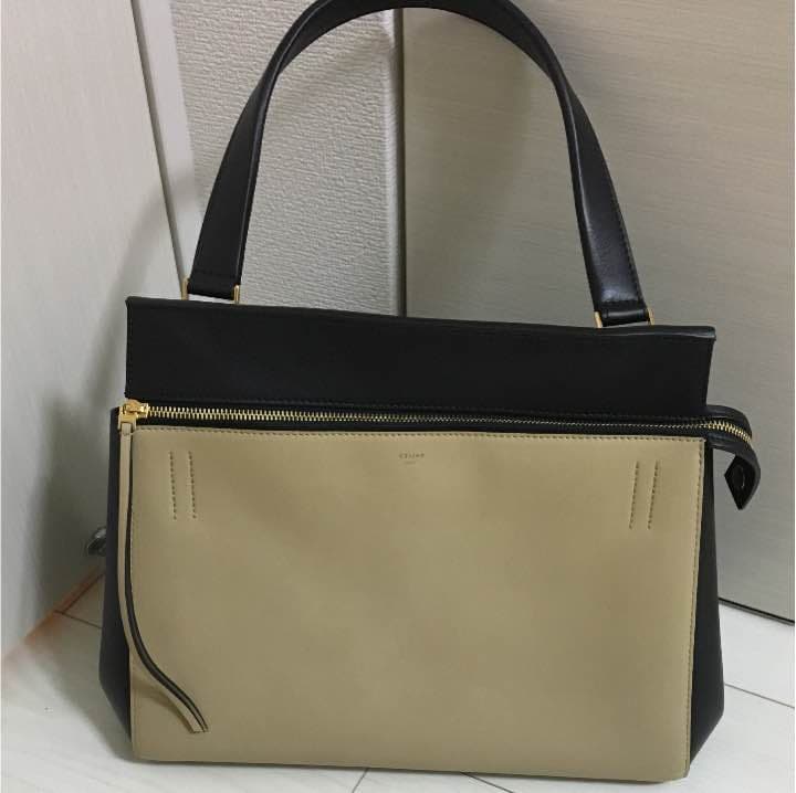 Celine Edge Handbag Shoulder Bag Leather Beige Black