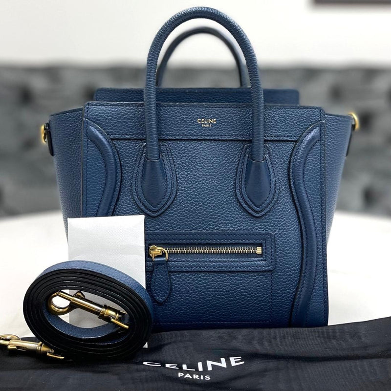Celine Luggage Nano 189243 DRU.07OZ Handbag Drummed Calfskin Navy Gold Hardware