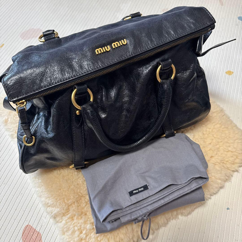 Miu Miu Vitello Lux 2-Way Handbag Shoulder Bag Black Leather