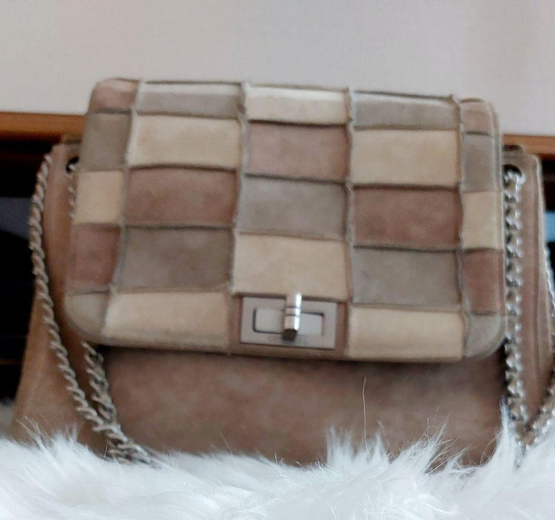 Chanel Patchwork Design Handbag Suede Shoulder Bag Beige Silver Hardware