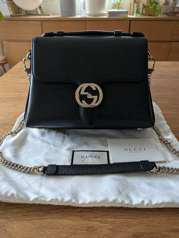 Gucci Handbag Shoulder Bag Black Leather Gg Logo Chain Strap