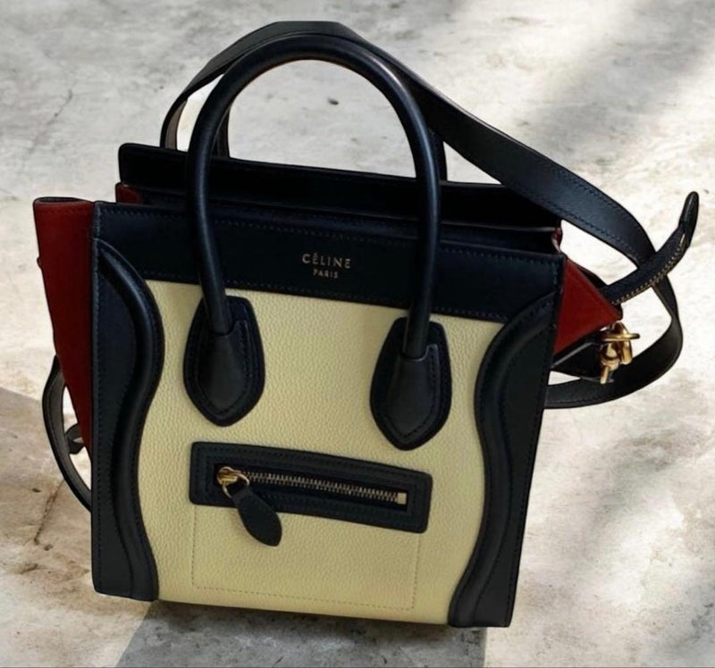 Céline Luggage Nano Handbag White Black Bicolor Grained Leather Shoulder Bag