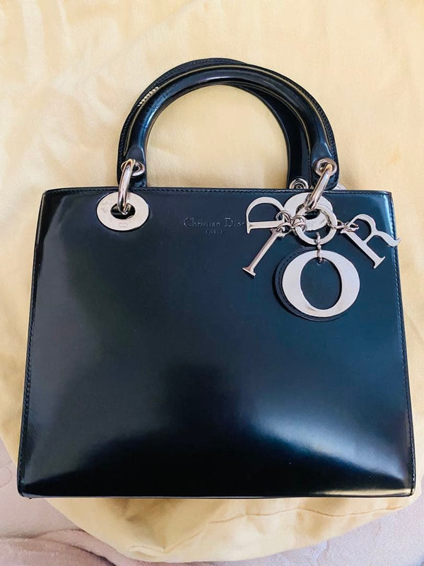 Christian Dior Lady Dior Handbag Black Leather Gold Hardware