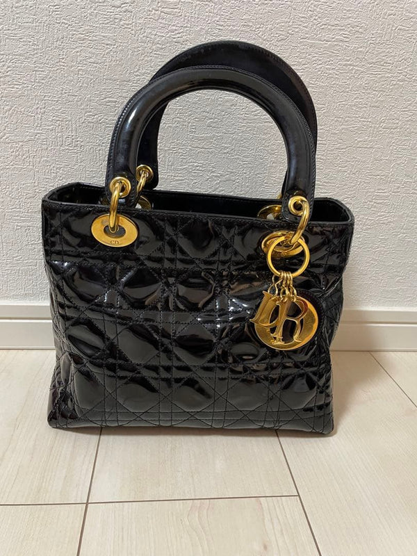 Dior Lady Dior Handbag Black Patent Leather Shoulder Bag