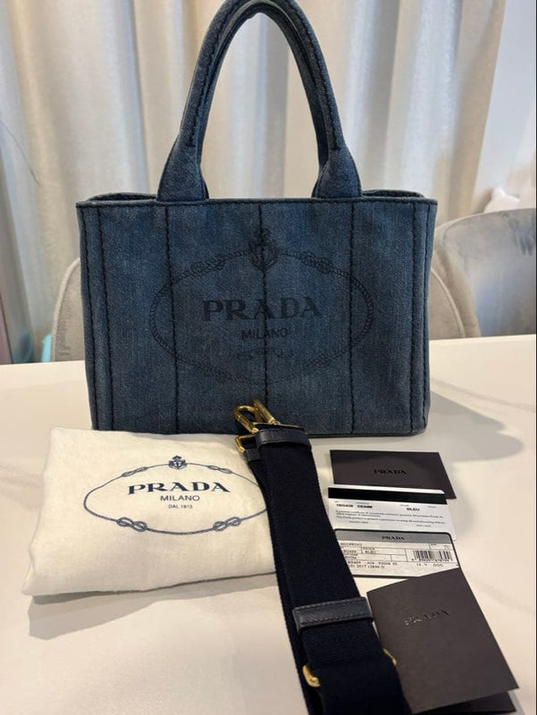 Prada Canapa Tote Bag Canvas Denim Shoulder Strap Handbag
