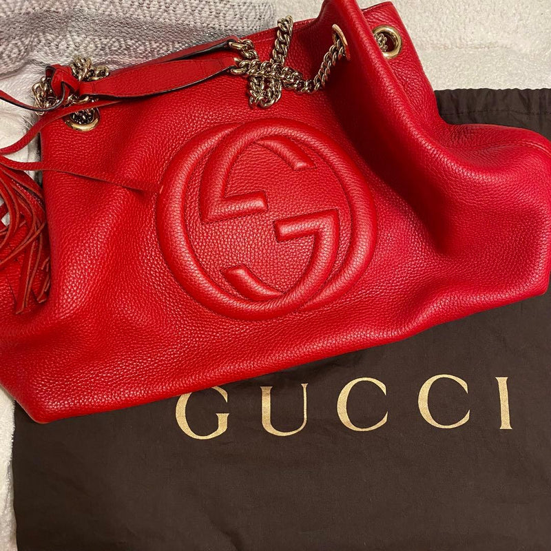 Gucci Soho Interlocking G Tote Bag Red Calf Leather Gold Chain Strap
