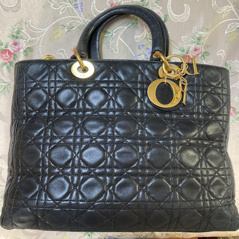 Christian Dior Lady Dior Cannage Tote Bag Lambskin Leather Black Gold Hardware