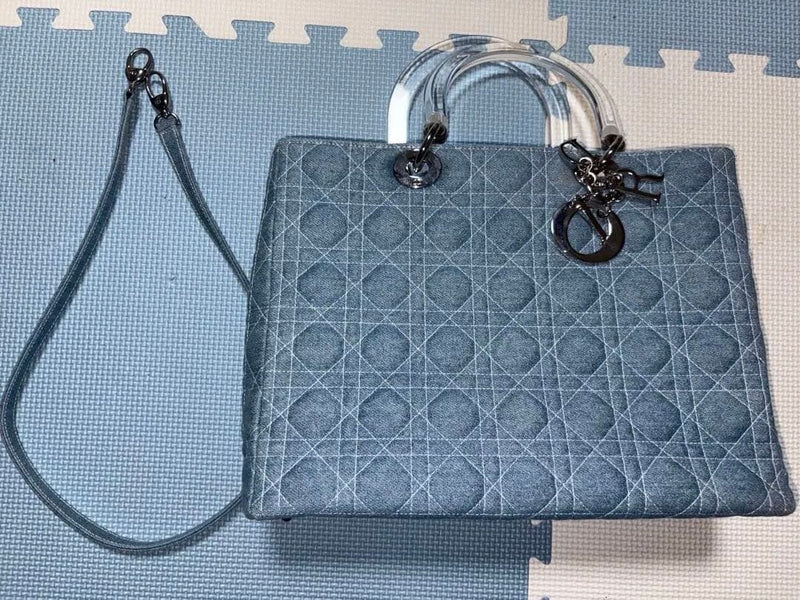 Christian Dior Lady Dior Handbag Denim Blue Quilted Clear Handle Shoulder Strap
