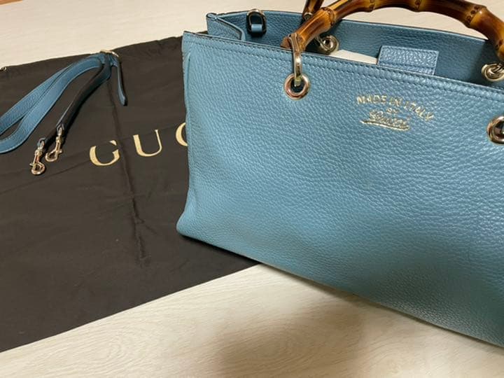 Gucci Bamboo Shopper Tote Bag Leather Light Blue Handbag