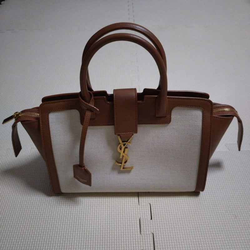 Baby Downtown Handbag Tote Bag Canvas Leather Brown Ivory