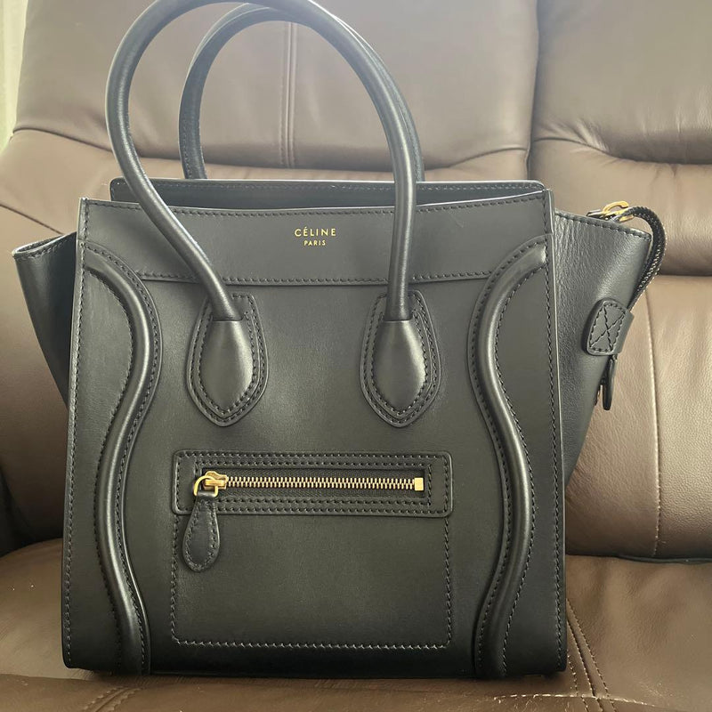 Celine Luggage Micro Handbag Black Leather Gold Hardware Tote Shoulder Bag