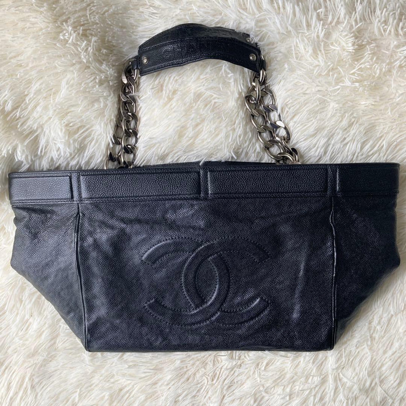 Chanel Caviar Skin Coco Mark 10 Series Shoulder Tote Bag Black Leather Silver