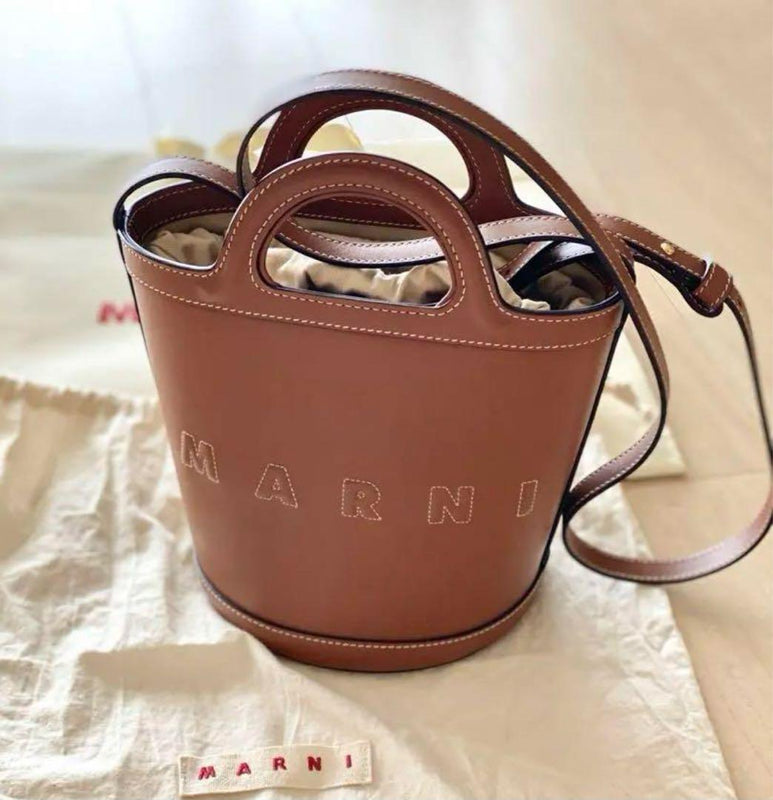 Marni Tropicalia Shoulder Bag Calf Leather Brown Cotton Lining
