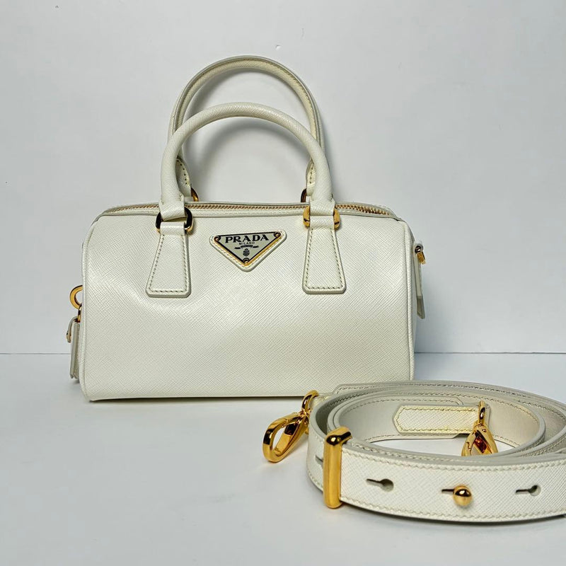 Prada Saffiano Lux 2way Handbag White Leather Gold Hardware Shoulder Bag