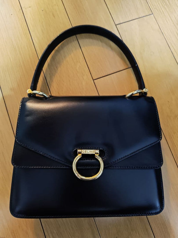 Celine Gancini Handbag Top Handle Shoulder Bag Leather Black Ring Hardware