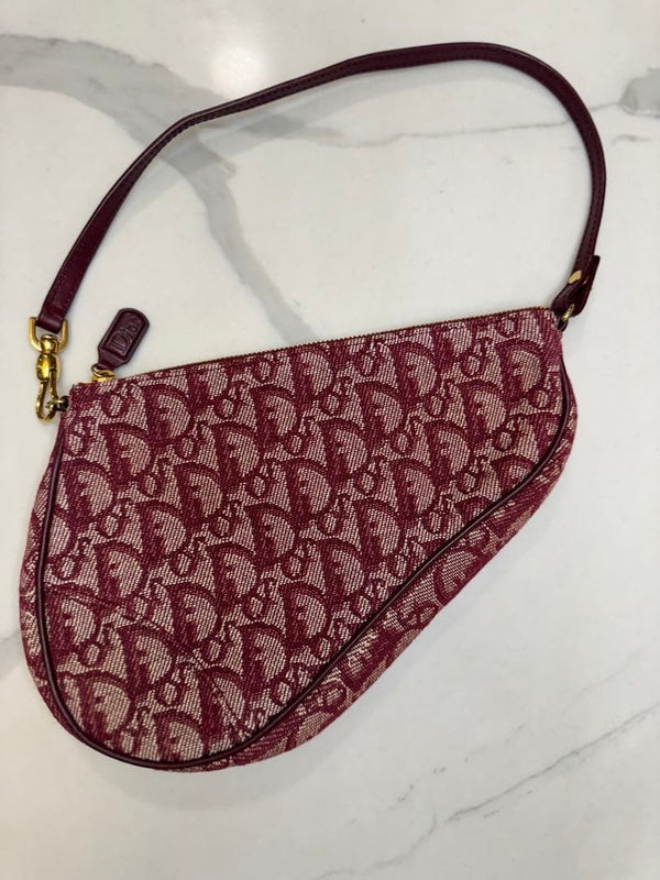 Christian Dior Trotter Saddle Bag MC0012 Canvas Wine Gold Hardware