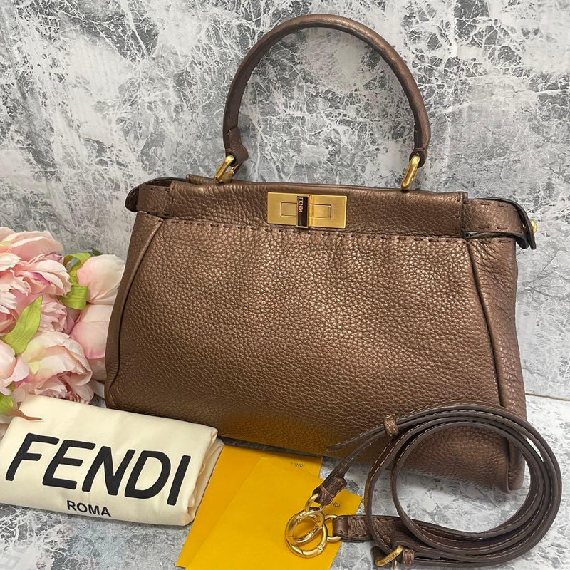 Fendi Peekaboo Regular Selleria Handbag Roman Leather Bronze Gold