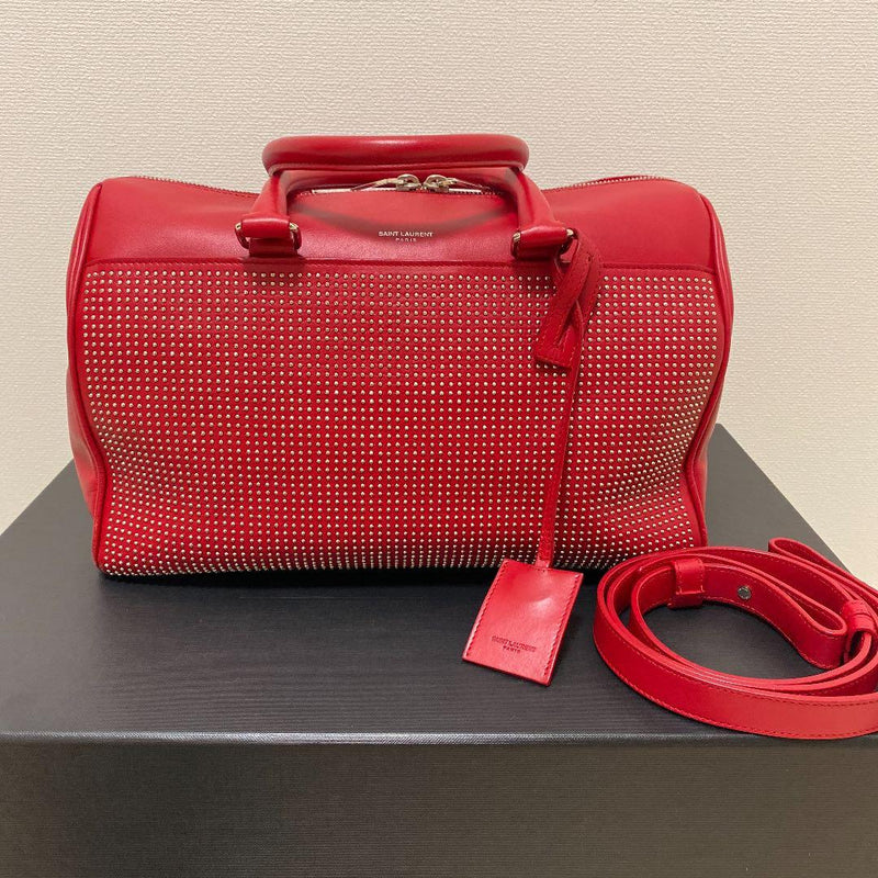 Saint Laurent Duffle Studded Shoulder Bag Red Leather