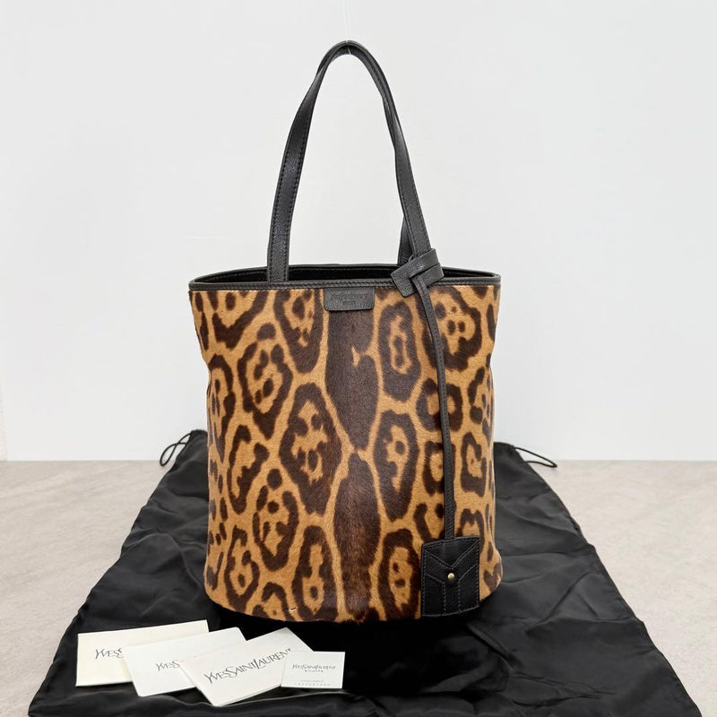 Bucket Bag Leopard Print Hair Calf Leather Brown Handbag