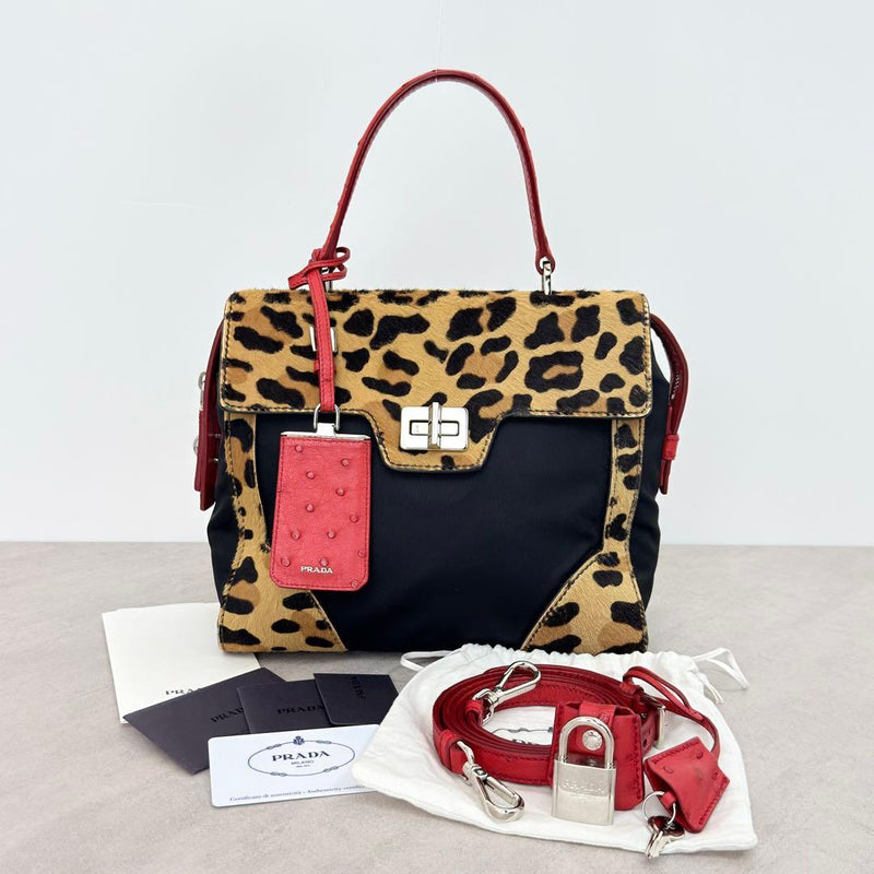Prada 1BA023 2way Handbag Shoulder Bag Pony Hair Leopard Ostrich Black Brown Red