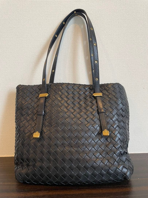 Bottega Veneta Intrecciato Handbag Tote Bag Leather Black Gold Hardware