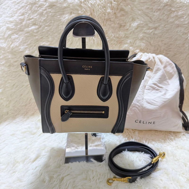 Céline Luggage Nano Handbag Shoulder Bag Beige Black Khaki Multicolor Leather
