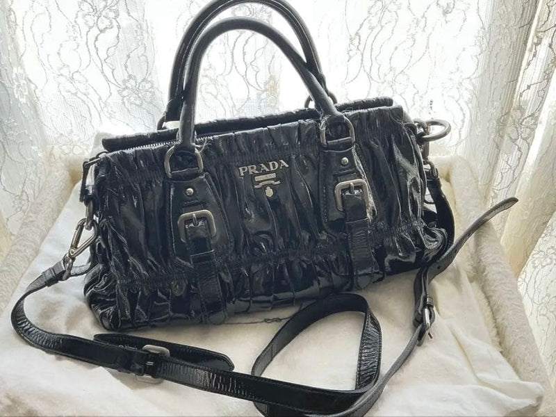 Prada Gathered Shoulder Bag Lambskin Patent Leather Black Nylon Silver Hardware