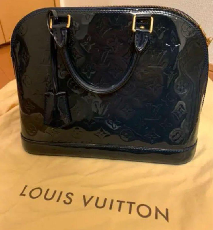 Louis Vuitton Alma Pm Vernis Handbag Blue Navy Dark Green Gold Hardware