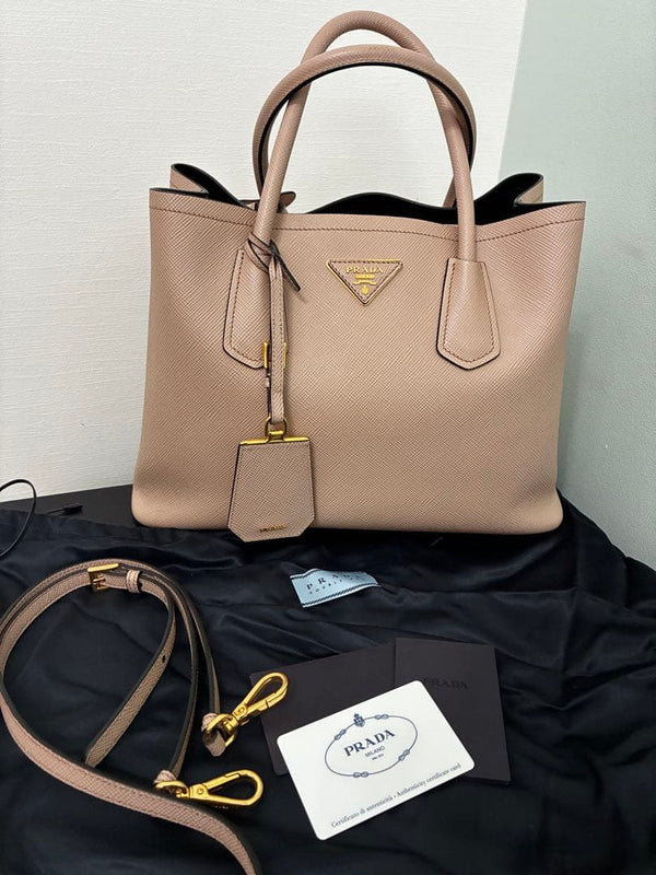 Prada Double Saffiano Leather Handbag Pink Beige