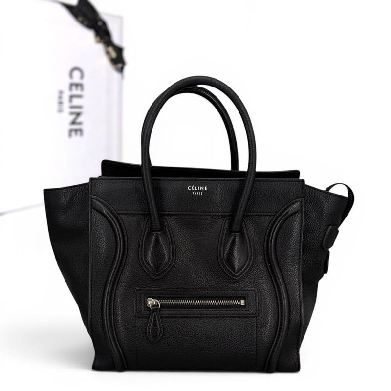 Celine Luggage Micro Shopper Handbag Drummed Calfskin Leather Black