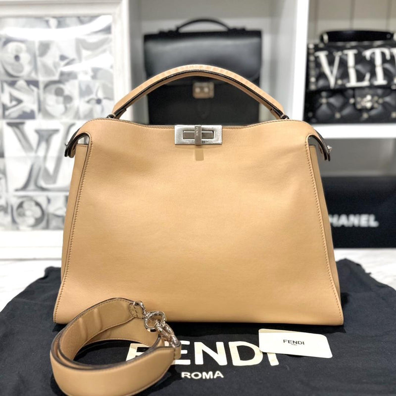 Fendi Peekaboo Essential Large 8BN300 2-Way Handbag Leather Beige Greige Silver
