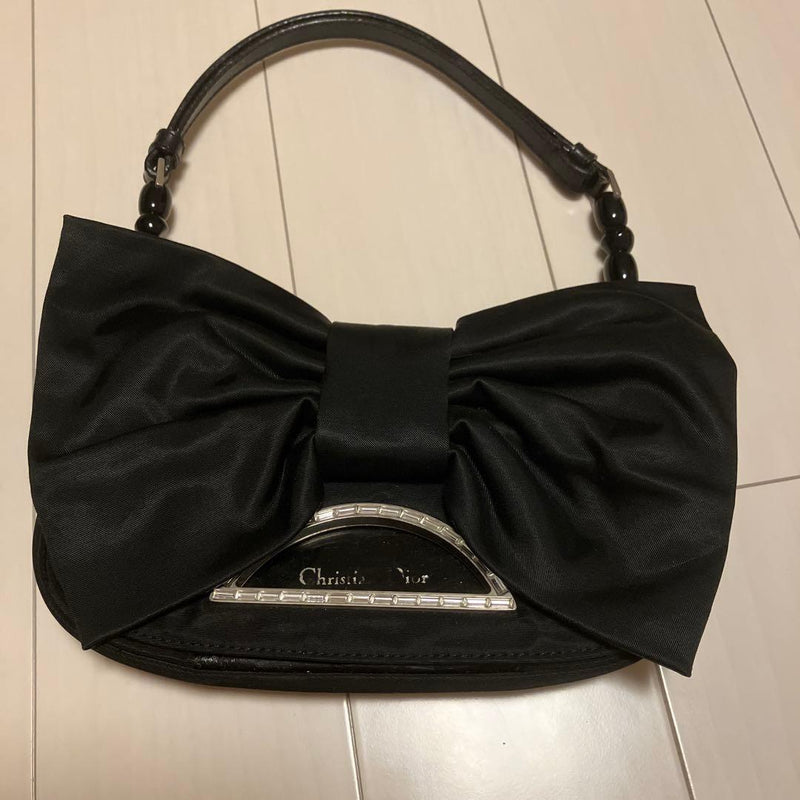 Christian Dior Ribbon Handbag Satin Black