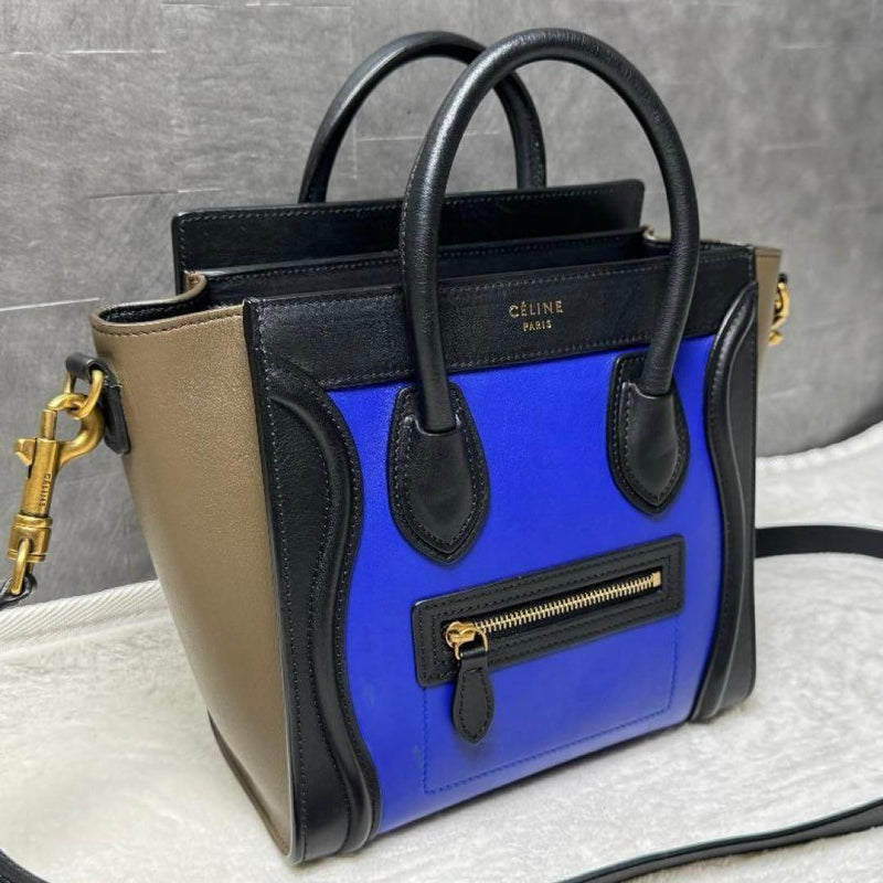 Celine Luggage Nano Handbag Crossbody Shoulder Bag Leather Blue Navy Black