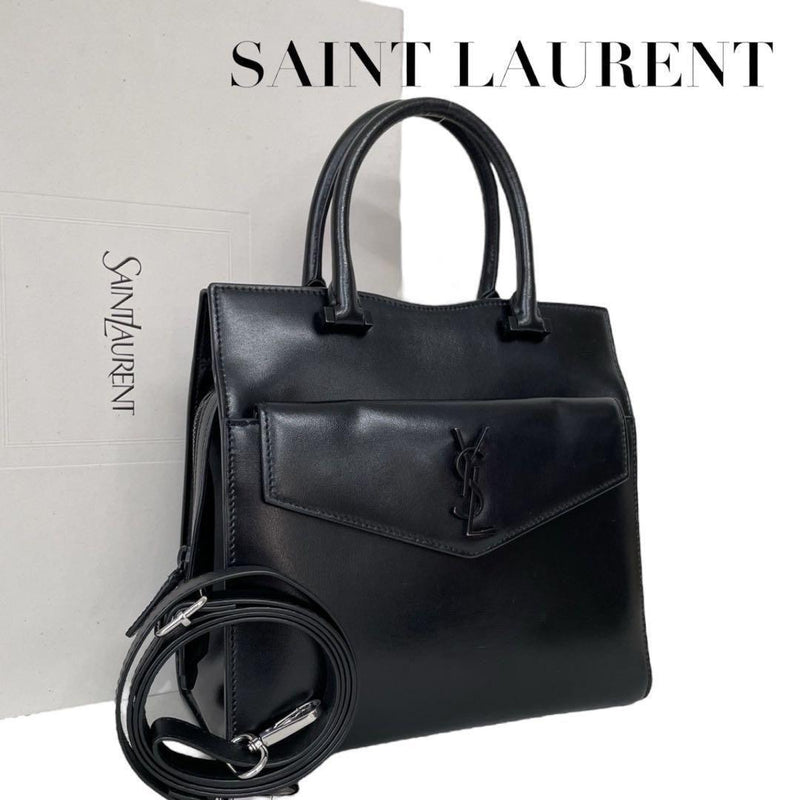 Saint Laurent Uptown Small Tote Bag Black Leather Shoulder Bag 2way Cassandre