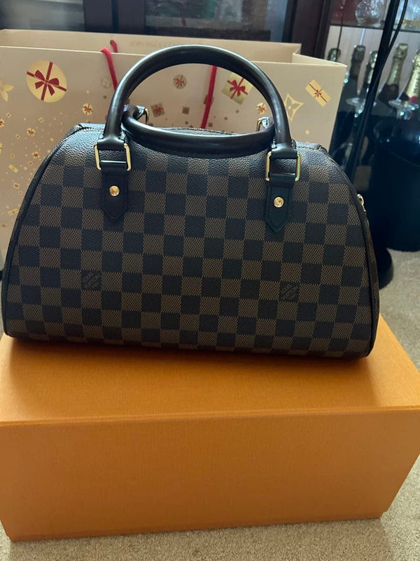 Louis Vuitton Damier Ebene Handbag Tote Bag Canvas Red Interior