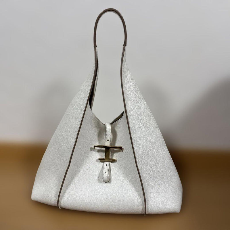 Tods T Timeless Hobo Bag Leather White Gold Hardware Shoulder Handbag