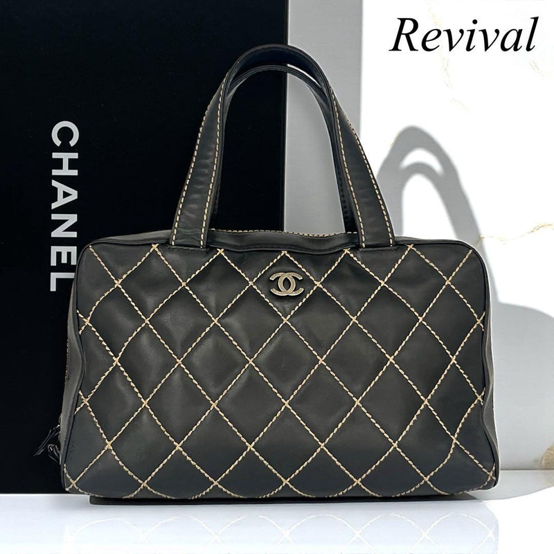 Chanel Matelasse Wild Stitch Handbag Leather Black