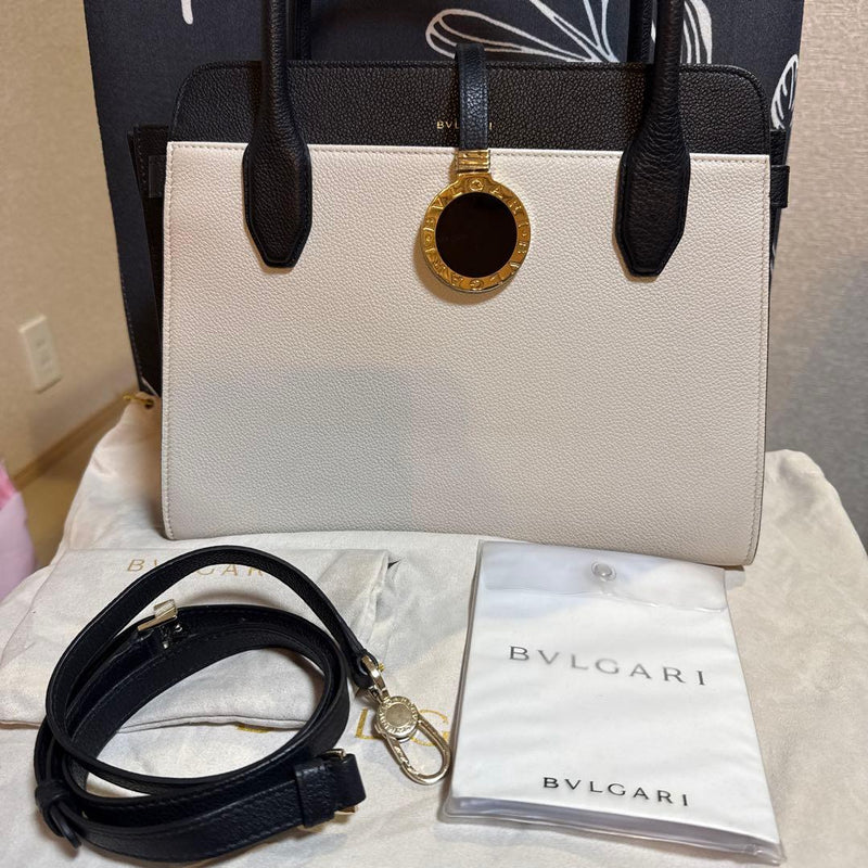 Bvlgari Handbag Shoulder Bag White Black Leather Gold Decoration