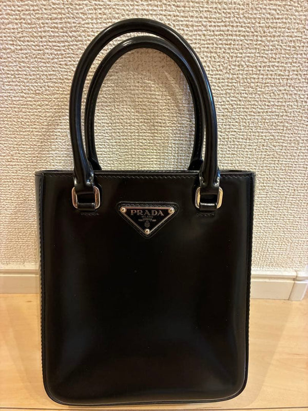 Prada Small Brushed Leather Shoulder Bag Black Silver Hardware