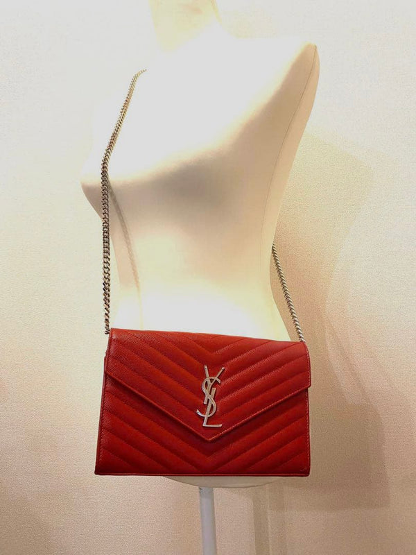 Yves  Chain Wallet Crossbody Bag Leather Red Silver Hardware