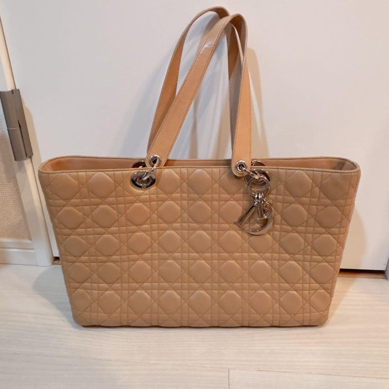 Christian Dior Lady Dior Cannage Handbag Shoulder Bag Leather Beige