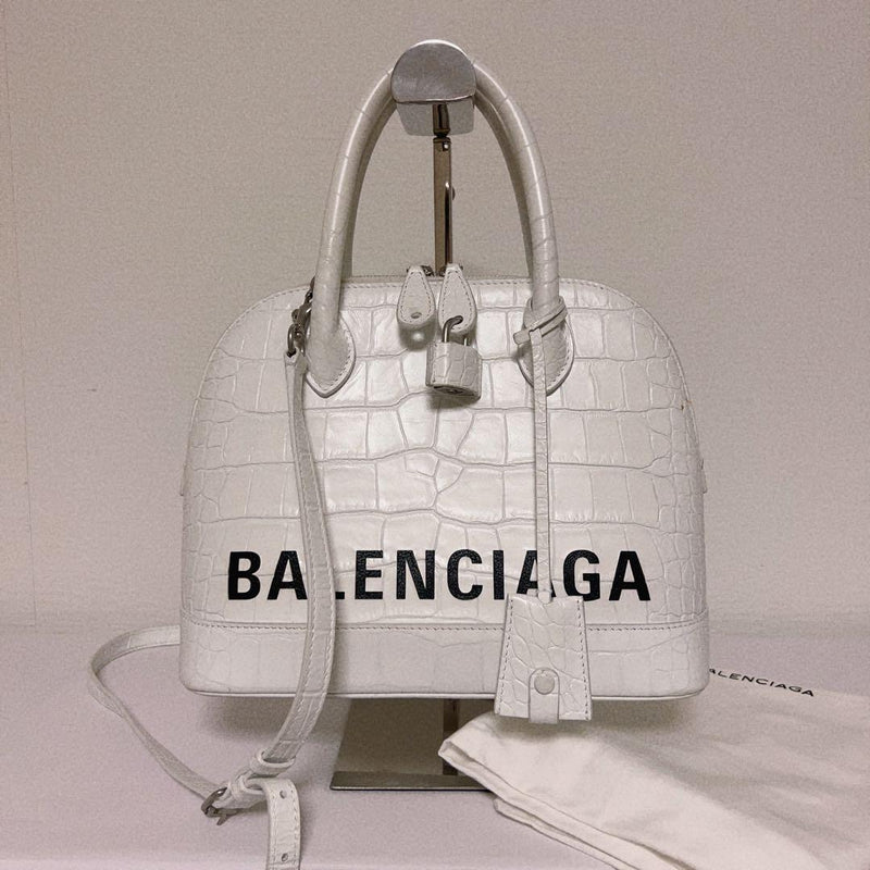 Balenciaga Ville Top Handle Croc Embossed Leather Shoulder Bag White