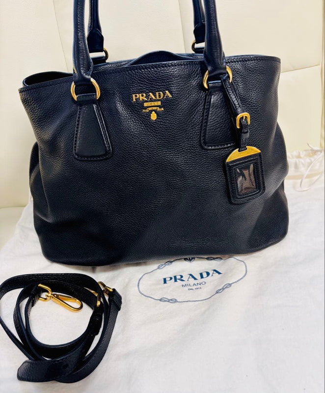 Prada Vit.daino 2-Way Tote Shoulder Bag Black Leather Gold Hardware