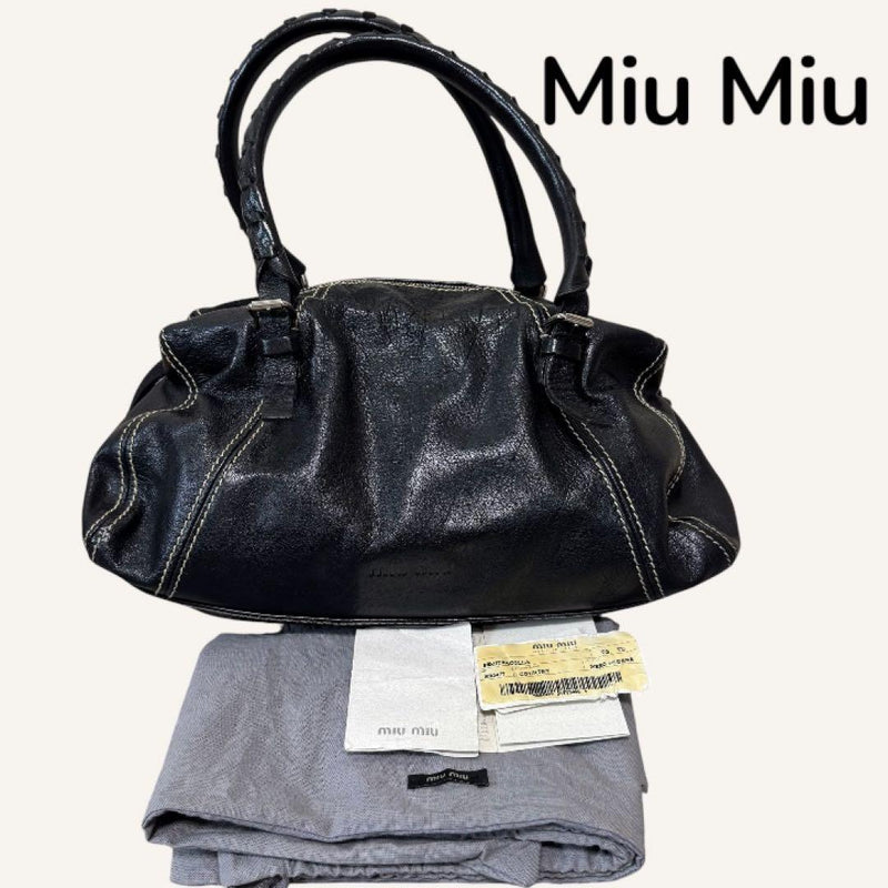 Miumiu Handbag Shoulder Bag Black Leather Stitching
