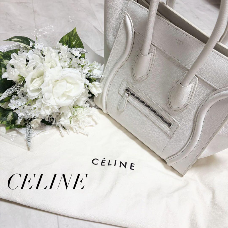 Celine Luggage Micro Shopper Drummed Calf 189793 Handbag Tote White