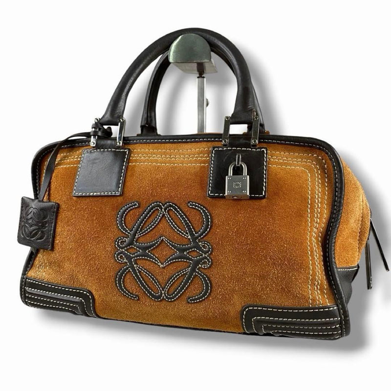 Loewe Amazona 28 Handbag Suede Leather Anagram Brown Charm Padlock